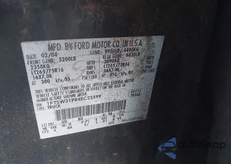 2004 Ford F350 Srw Super Duty из США, поврежденный, VIN 1FTSW31P84EC25599